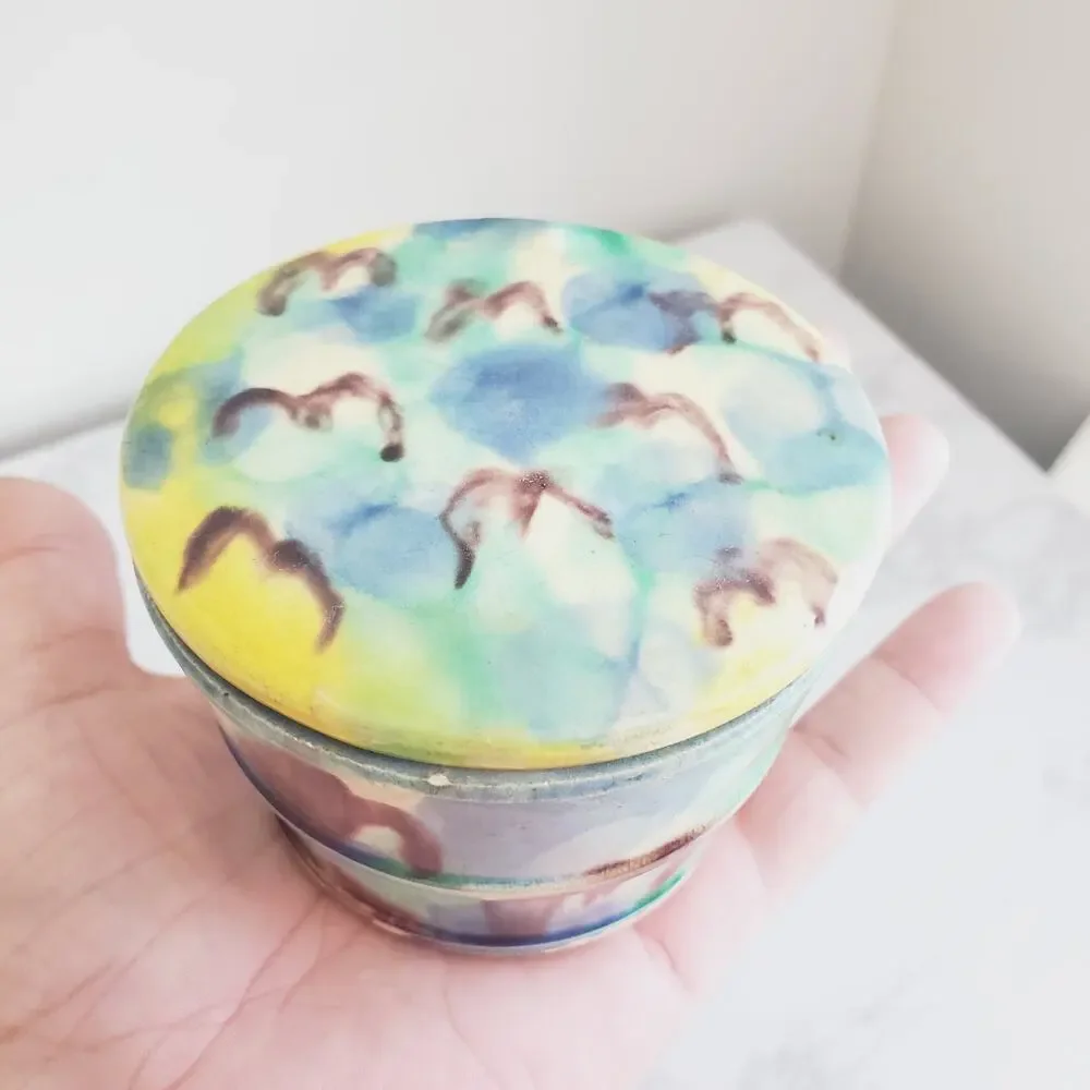 Antique 20s Multi Color Ceramic Pot & Lid Japanese Awaji Majolica Spinach Jar